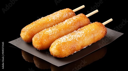 Tasty deep fried corn dogs on black background. Corn dogs with salt and on a paper plate. photo