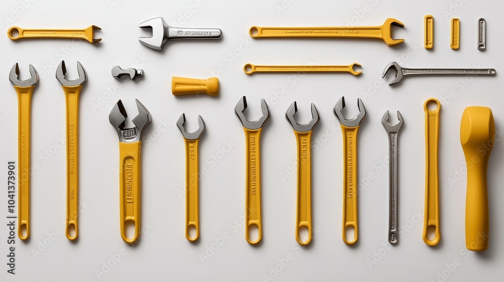 Organized flat lay of tools including pliers, hammer, and wrenches, placed evenly on a white surface, precise composition with strong shadows and light Organized flat lay of tools including pliers, hammer, and wrenches, placed evenly on a white surface, precise composition with strong shadows and light