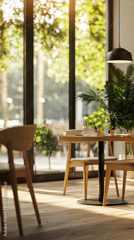 Fototapeta premium Chic Modern Cafe with Large Windows and Stylish Decor
