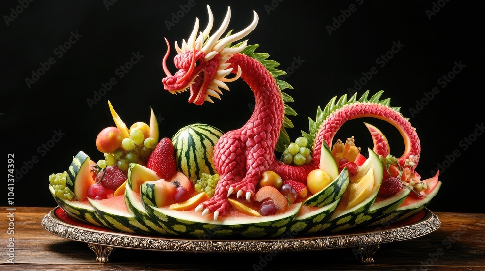 Fototapeta premium Colorful Dragon Made of Watermelon and Fruits