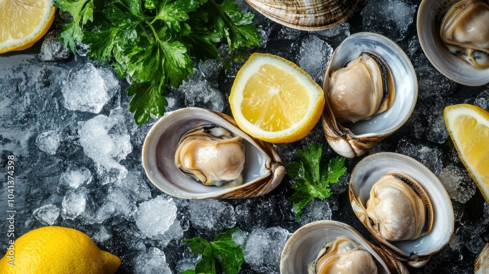 A realistic close-up of freshly shucked clams on ice, with lemon wedges and parsley. A realistic close-up of freshly shucked clams on ice, with lemon wedges and parsley.
