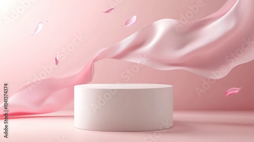 A minimalist product display white podium adorned with a soft flowing pink fabric against a pink backdrop