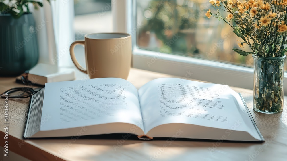 Open Book on Table by Sunny Window with Flowers Open Book on Table by Sunny Window with Flowers