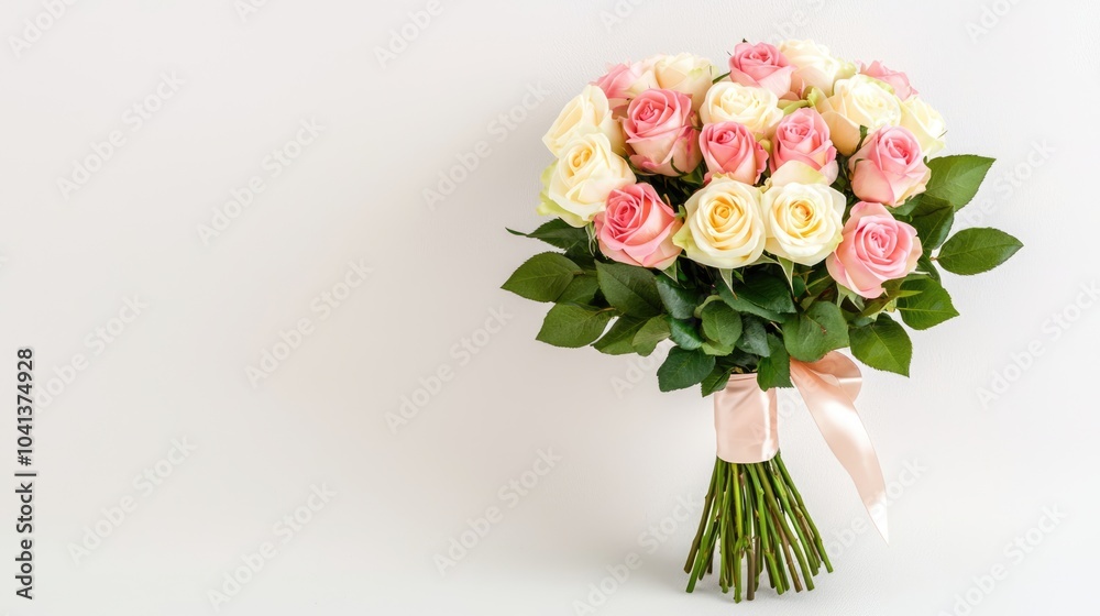 A beautiful bouquet of pink and white roses tied with a ribbon, perfect for gifting on special occasions. A beautiful bouquet of pink and white roses tied with a ribbon, perfect for gifting on special occasions.