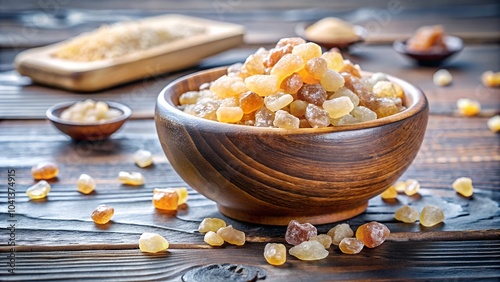 Tragacanth gum in a bowl on the table. Tragacanth gum, also known as Gond Katira, has many health benefits.