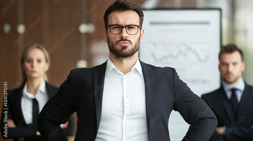 A confident businessman stands with arms crossed, flanked by colleagues, exuding authority in a corporate setting. A confident businessman stands with arms crossed, flanked by colleagues, exuding authority in a corporate setting.