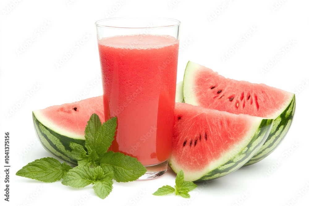 Watermelon Slices and a Glass of Watermelon Juice with Mint Leaves Watermelon Slices and a Glass of Watermelon Juice with Mint Leaves
