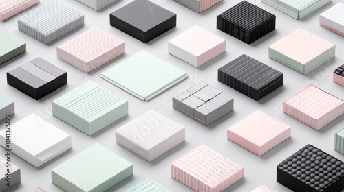 Collection of various textured boxes in different colors.