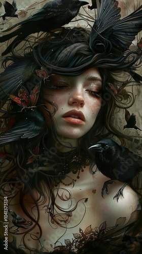 Dark Beauty: A Woman Surrounded by Crows