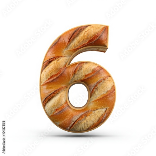 Number six designed as realistic baguette bread, perfect for bakery marketing, creative food typography, and artisanal bread-themed graphic designs on white background. photo