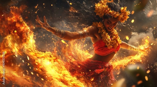 A realistic depiction of the Hawaiian goddess Pele, surrounded by lava and flames, with intricate details capturing her fiery energy.