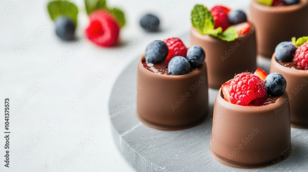 Delicious chocolate cups filled with fresh berries and mint. Delicious chocolate cups filled with fresh berries and mint.