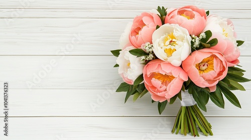 A beautiful bouquet of pink and white peonies, surrounded by green foliage, arranged elegantly on a light wooden surface.