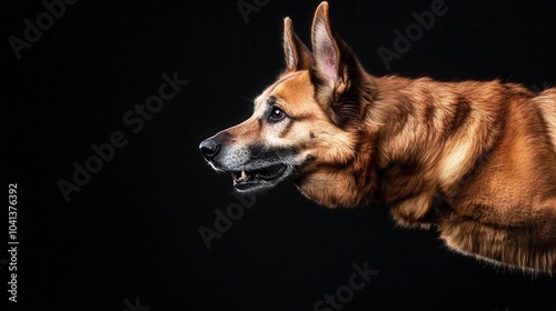 German Shepherd mid-jump, ears perked and excited expression, dynamic energy captured against a black background