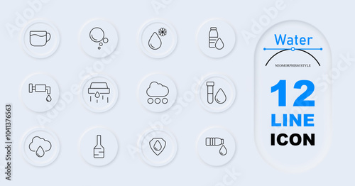 Water set icon. Mug, bubbles, frozen drop, water bottle, faucet, showerhead, cloud with rain, water test tube, raindrop, bottle with drop