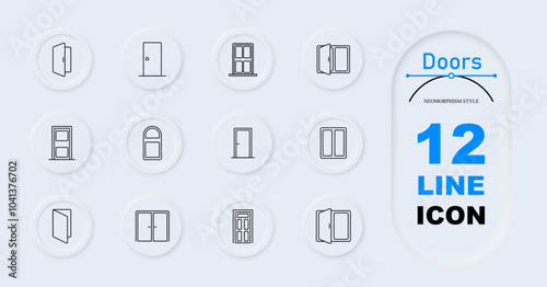 Doors set icon. Open doors, closed door, panel door, sliding door, arched window, glass doors, entry door.