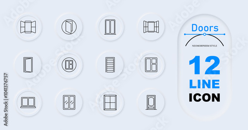 Doors set icon. Open doors, closed door, panel door, sliding door, arched window, glass doors, entry door.