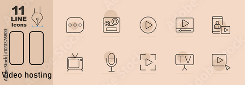 Video hosting set icon. Chat bubble, reel, play button, video on screen, person with video on mobile, TV set, microphone, play button in frame, TV presentation, play button with arrow