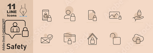Safety set icon. Person in chat bubble, phone with lock, people with lock, document with lock, picture, hand, envelope with checkmark, folder, house