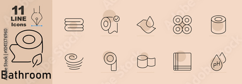 Bathroom set icon. Towel stack, toilet paper roll with checkmark, wet wipes, double toilet paper rolls, toilet paper, swirl, unrolled toilet paper, towel, pH drop