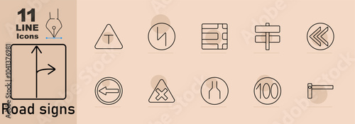 Road signs set icon. T-junction, intersection, road narrowing, directional sign, left arrow, no crossing, lane merge, speed limit, barrier