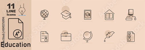 Education set icon. Document with A, globe, graduation cap, certificate, book, briefcase, writing quill, checklist, home learning.