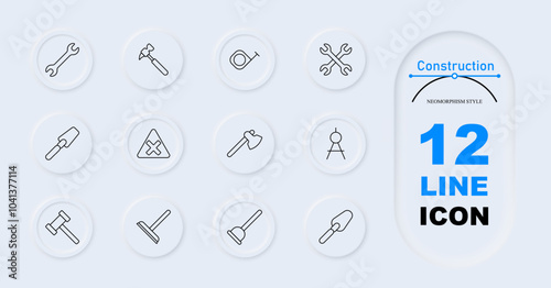 Construction set icon. Wrench, hammer, measuring tape, crossed wrenches, trowel, warning triangle, axe, tripod, sledgehammer, plunger. Construction tools, measurement, building equipment