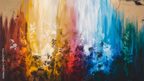 Abstract painting featuring vibrant colors in a cascading effect, blending warm yellows and reds with cool blues, creating a dynamic and visually striking composition.