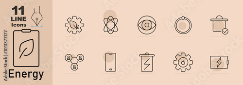 Energy set icon. Leaf on clipboard, eco gear, atom, energy eye, solar panel, network, smartphone with battery, battery charge, gear with bolt, power bank