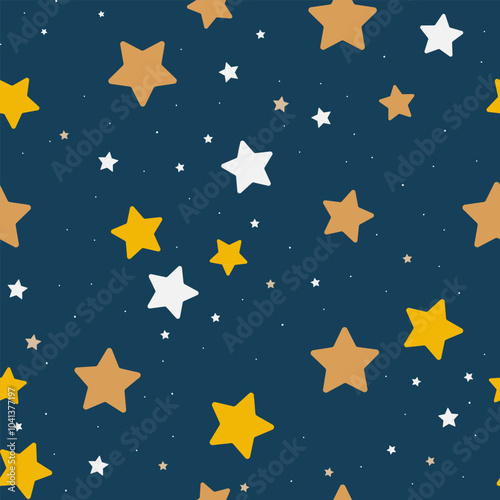 Seamless Pattern of Stars over Blue Background Night Sky.