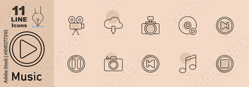 Music set icon. Play, video camera, download, camera, CD with play button, next, pause, photo, rewind, note, stop. Suitable for media, entertainment, and sound systems