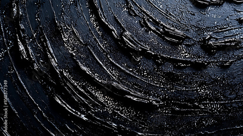 A highly detailed black acrylic paint texture featuring swirling circular patterns and thick, dynamic brushstrokes.  photo