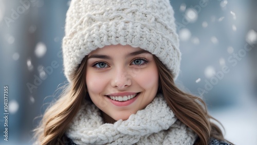 Smiling young woman in winter attire with a knitted hat and scarf in a snowy background