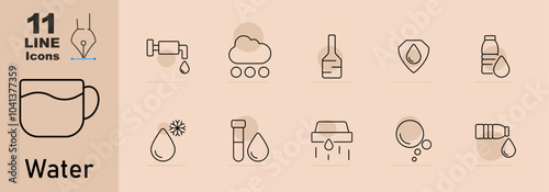 Water set icon. Tap with water, cloud with rain, bottle, water protection, bottled, cold drop, test tube, dripping, splash, drink, bottle