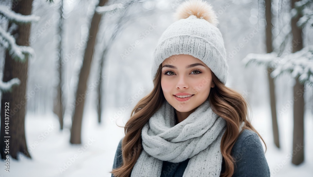 Pensive young woman in warm winter clothing with knitted hat and scarf in a sunlit snowy forest