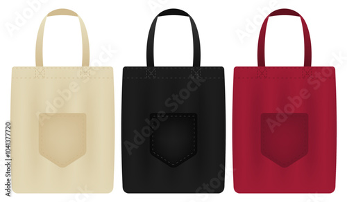 Tote bags with pocket. Fabric, reusable, eco-friendly, shopping, canvas, textile, carry, sustainable, black, red, beige, minimalist, accessory, fashion, simple, practical, branding.