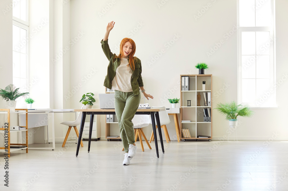 Overjoyed young beautiful red-haired girl, female student dancing in living room, pretty housewife, living independent millennial new homeowner, confident youth and beauty, moving own flat alone Overjoyed young beautiful red-haired girl, female student dancing in living room, pretty housewife, living independent millennial new homeowner, confident youth and beauty, moving own flat alone