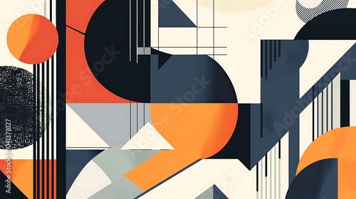 Abstract geometric pattern with orange, black and grey shapes.