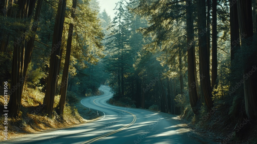 Fototapeta premium Serene Winding Road Through Lush Green Forest