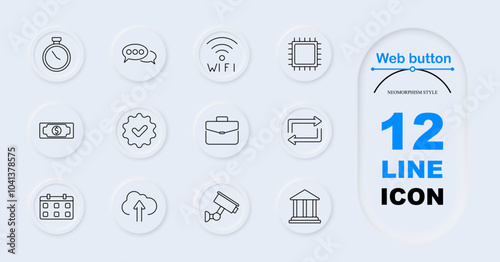 Web button set icon. Stopwatch, chat bubbles, Wi-Fi, microchip, banknote, checkmark gear, briefcase, refresh arrows, cloud upload, security camera, courthouse. Web services, financial transactions