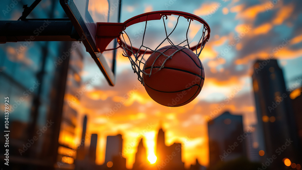 A close-up shot of a basketball swishing through the hoop against a blurred urban skyline, with the warm glow of a sunset A close-up shot of a basketball swishing through the hoop against a blurred urban skyline, with the warm glow of a sunset