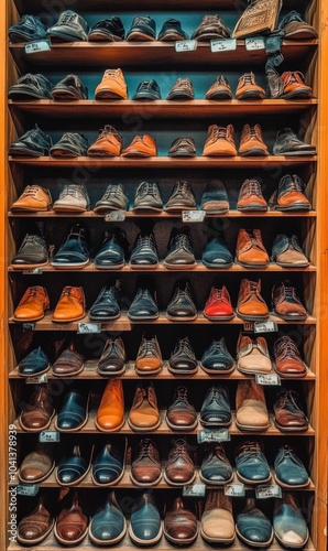 Rows of leather shoes on wooden shelves.