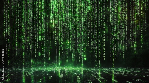 Obraz na płótnie Green binary code raining down, digital effects