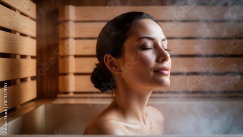 A woman relaxing in a traditional steam bath, surrounded by wood, steam, and natural elements, enjoying a peaceful wellness experience