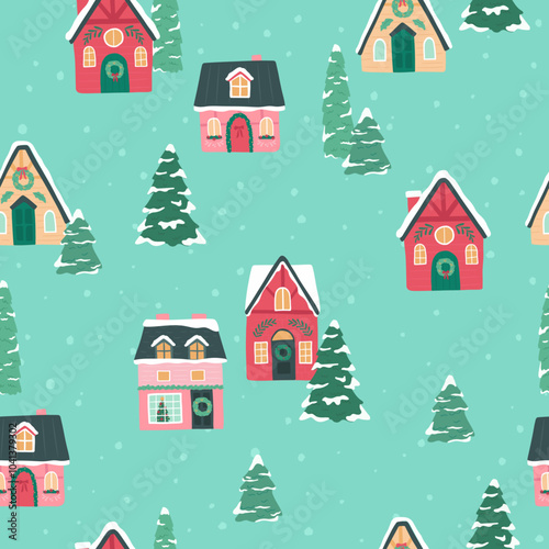 Winter Christmas seamless pattern of house village vector illustration for background and decorations