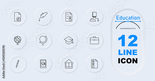 Education set icon. Report card, feather pen, diploma, organizational chart, globe, graduation cap, briefcase, open book, checklist. Academic symbols, graduation, global education.