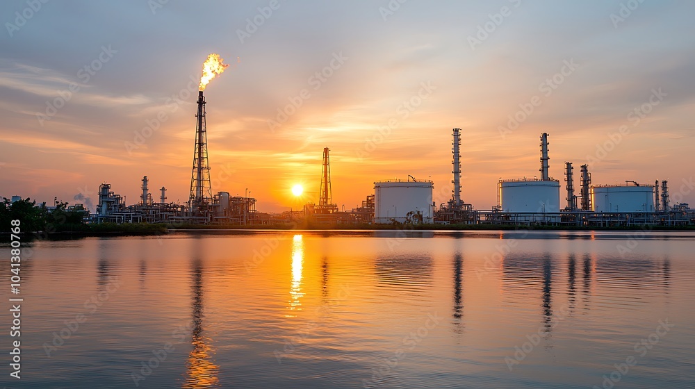 Industrial sunset over water a stunning view of oil refineries and smokestacks reflecting on calm waters at dusk Industrial sunset over water a stunning view of oil refineries and smokestacks reflecting on calm waters at dusk