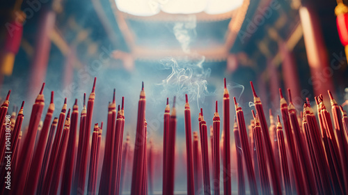 In the courtyard of an ancient Chinese temple, there is a large number of red incense sticks placed on both sides and in front of each other photo