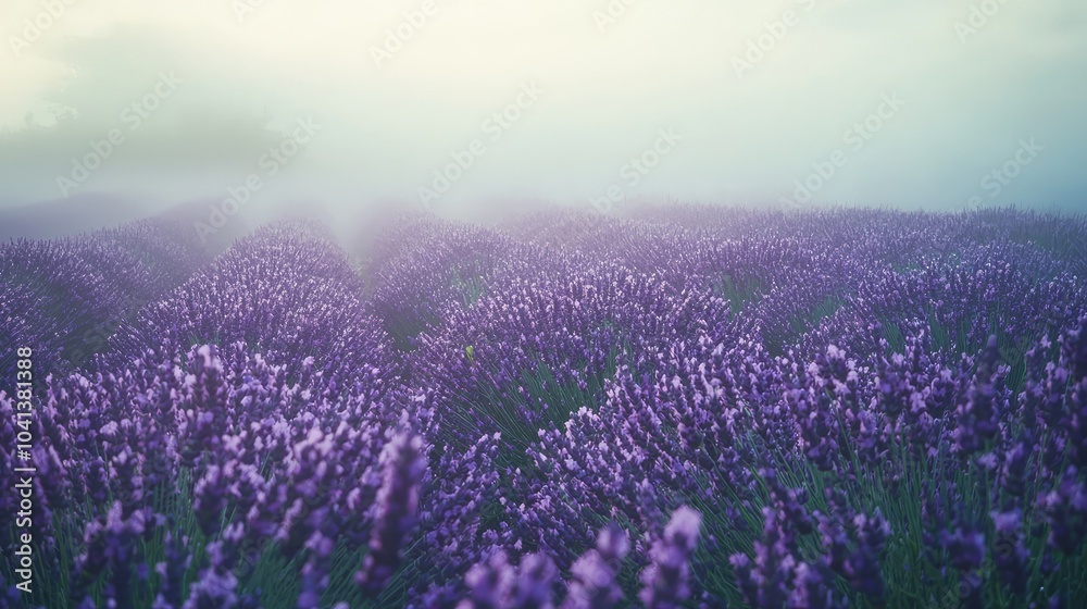 Naklejka premium Dreamy Foggy Morning in Lavender Field
