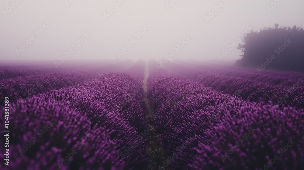 Dreamy Foggy Morning in Lavender Field Dreamy Foggy Morning in Lavender Field